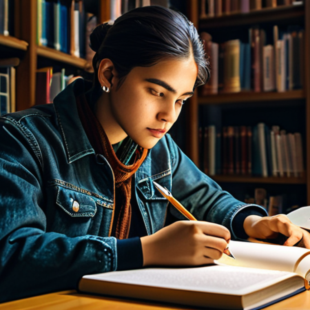 **

"A student, fully clothed and in appropriate attire, studying graphic design books at a library desk, surrounded by art supplies.  Warm lighting, focused atmosphere, safe for work, professional study environment, perfect anatomy, natural proportions, modest clothing.  High quality rendering."

**