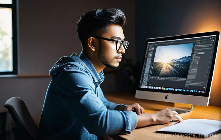 컴퓨터그래픽스운용기능사 필기시험 난이도 리뷰 - **Prompt:** A young, determined graphic designer, wearing smart casual attire, intensely focused on ...