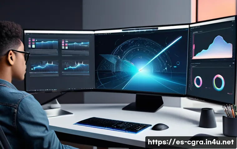 컴퓨터그래픽스운용기능사 자격증의 기술 트렌드 변화 - A modern digital artist's workspace showcasing a high-tech computer setup with multiple screens disp...
