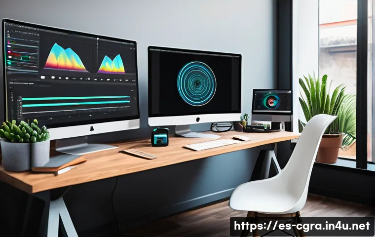 컴퓨터그래픽스운용기능사와 디지털 아트의 접점 - A modern digital artist workspace scene showcasing a young Hispanic designer wearing smart casual cl...