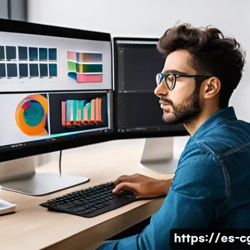 Home 32 컴퓨터그래픽스운용기능사와 그래픽 아트의 차이 - A professional digital designer workspace in a modern Madrid office, featuring a young Spanish man w...
