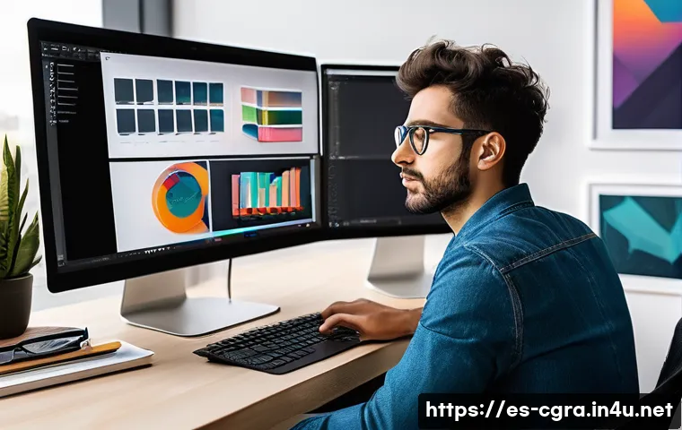컴퓨터그래픽스운용기능사와 그래픽 아트의 차이 - A professional digital designer workspace in a modern Madrid office, featuring a young Spanish man w...