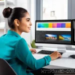 Home 19 컴퓨터그래픽스운용기능사 자격증의 직무역량 평가 - A modern digital design workspace featuring a young Hispanic professional woman wearing casual busin...