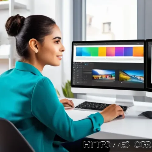 Home 31 컴퓨터그래픽스운용기능사 자격증의 직무역량 평가 - A modern digital design workspace featuring a young Hispanic professional woman wearing casual busin...