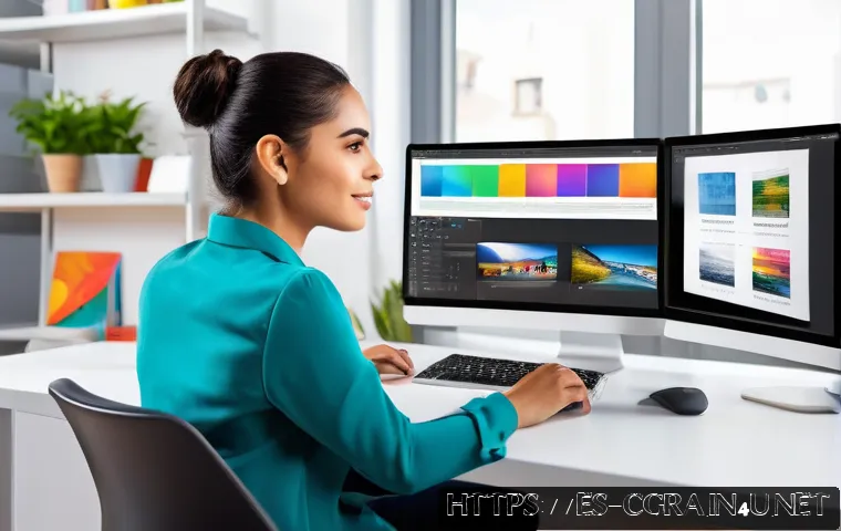 컴퓨터그래픽스운용기능사 자격증의 직무역량 평가 - A modern digital design workspace featuring a young Hispanic professional woman wearing casual busin...