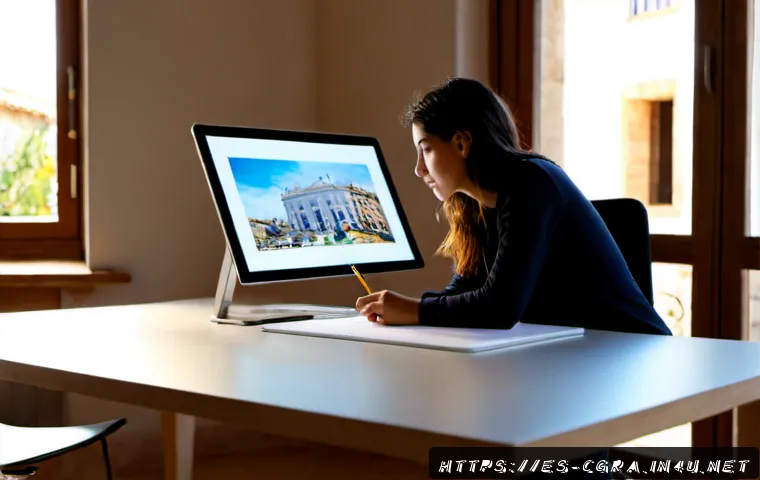 Home 17 컴퓨터그래픽스운용기능사 취업 가능 직군 - Photorealistic modern creative studio in Spain, a young Hispanic graphic designer working at a large...